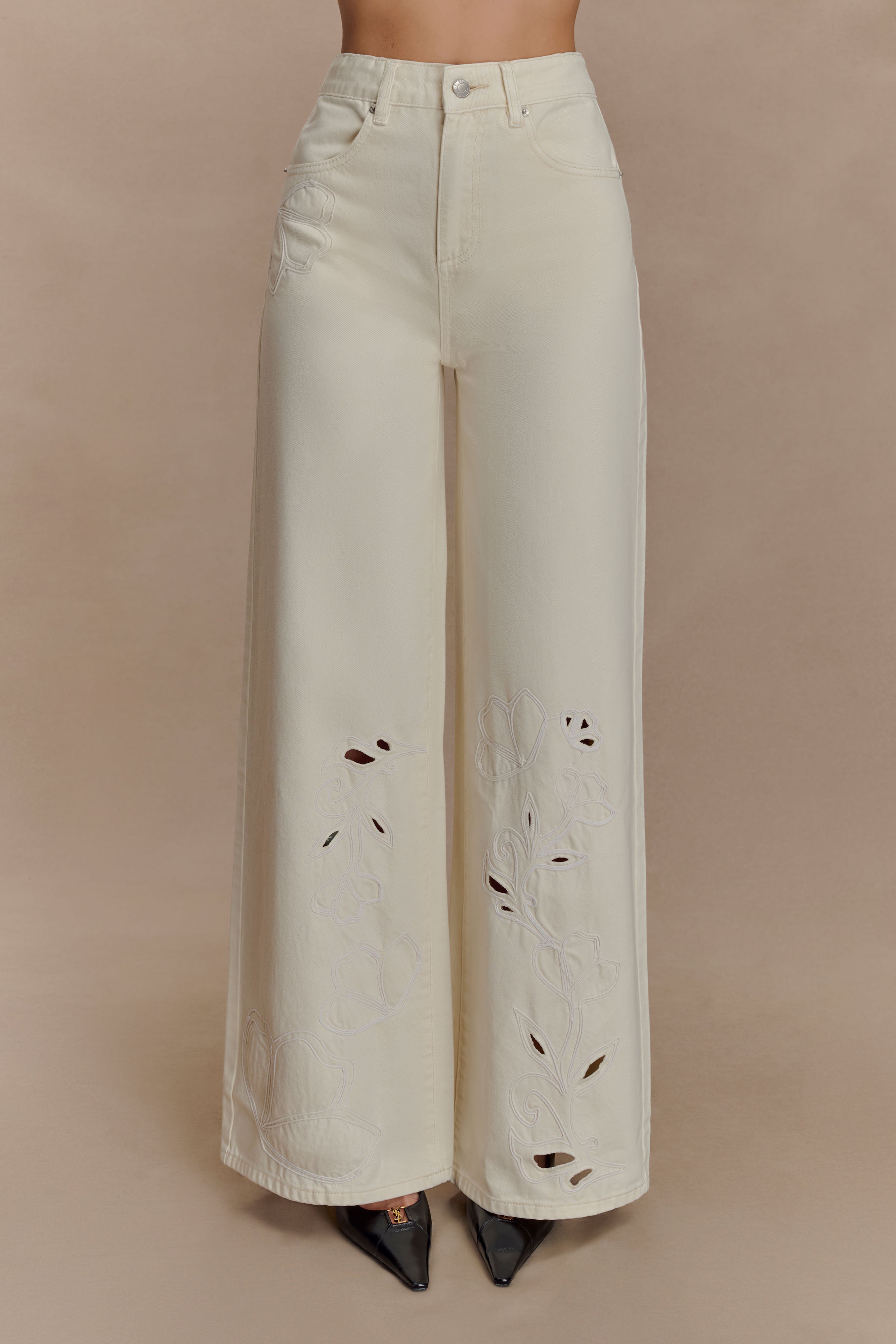 Carmella Embroided Straight Leg Jeans - Ecru、mySite、solidvoid