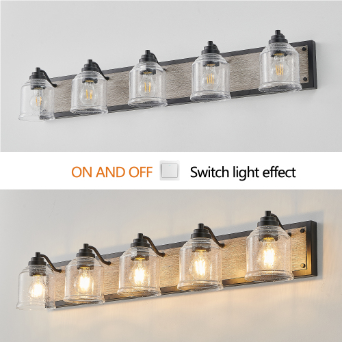 40&quot; Farmhouse Vanity Light Fixture, 5-Light Bathroom Wall Sconce with Clear Seeded Glass Shades, Black and Wood Grain Finish, Modern Industrial Design for Bathroom or Powder Room (No Bulbs)、、eastwooduniform