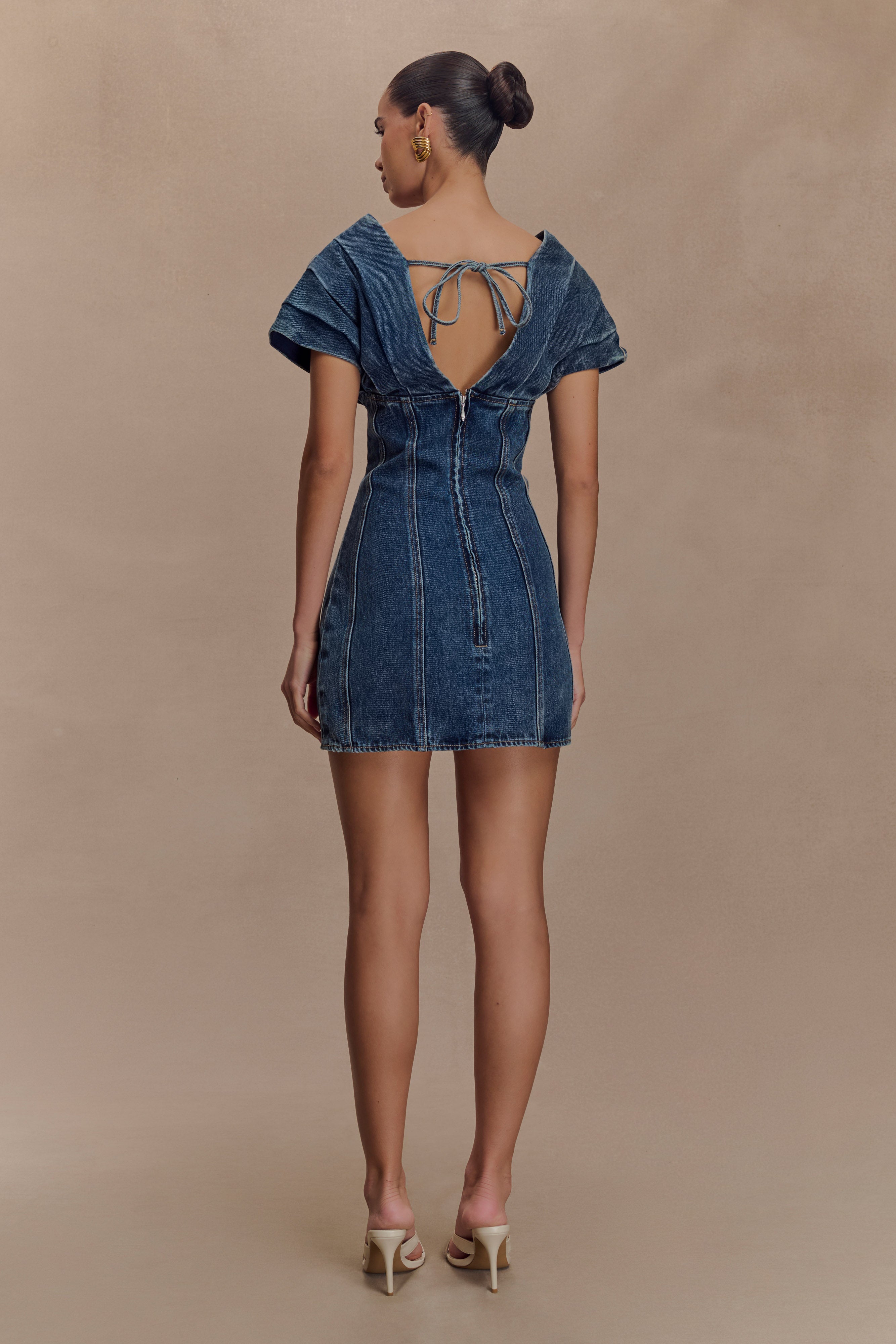 Pascale Off Shoulder Denim Mini Dress - Washed Dark Blue、mySite、solidvoid