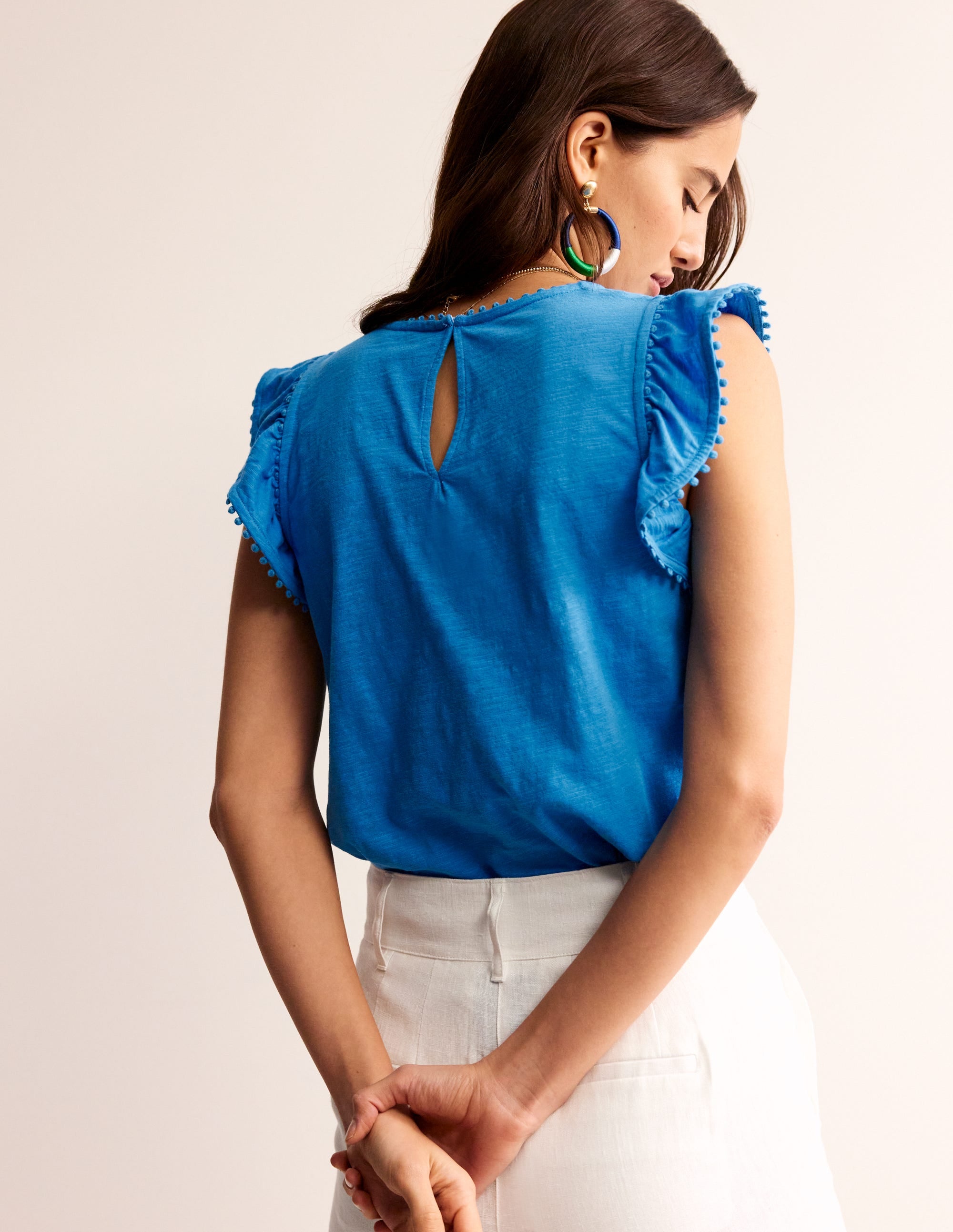 Pom Trim Ruffle Sleeve Top-Brilliant Blue、mySite、ashleygrahame