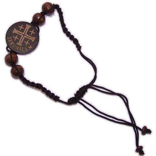 Threaded wooden beads bracelet with Jerusalem Cross - Adjustable ( fits all ) - Brown or Black Cord、mySite、topwebapps
