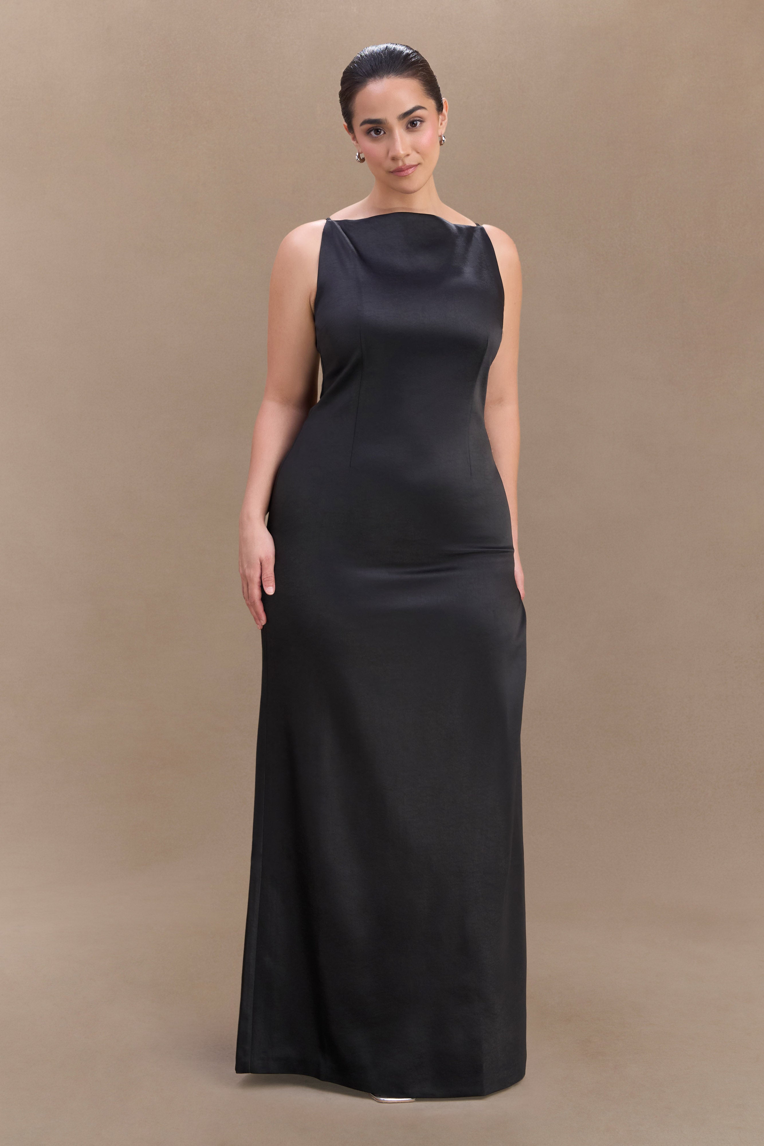 Violet Sleeveless Satin Maxi Dress - Black、mySite、solidvoid