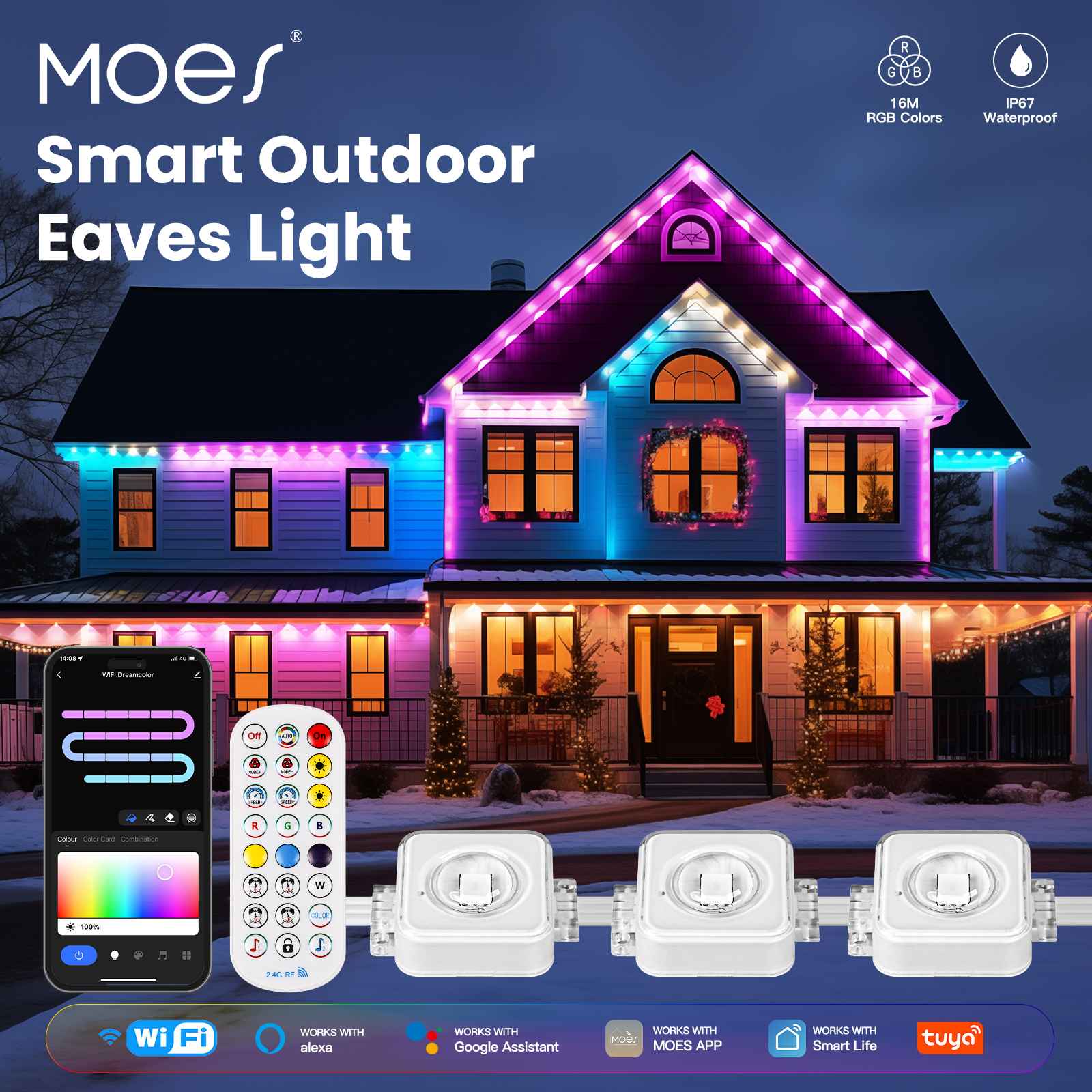 WiFi Smart Eaves String LED Lights Outdoor IP67 Waterproof 1600 Million RGB Color、mySite、fannypackpong