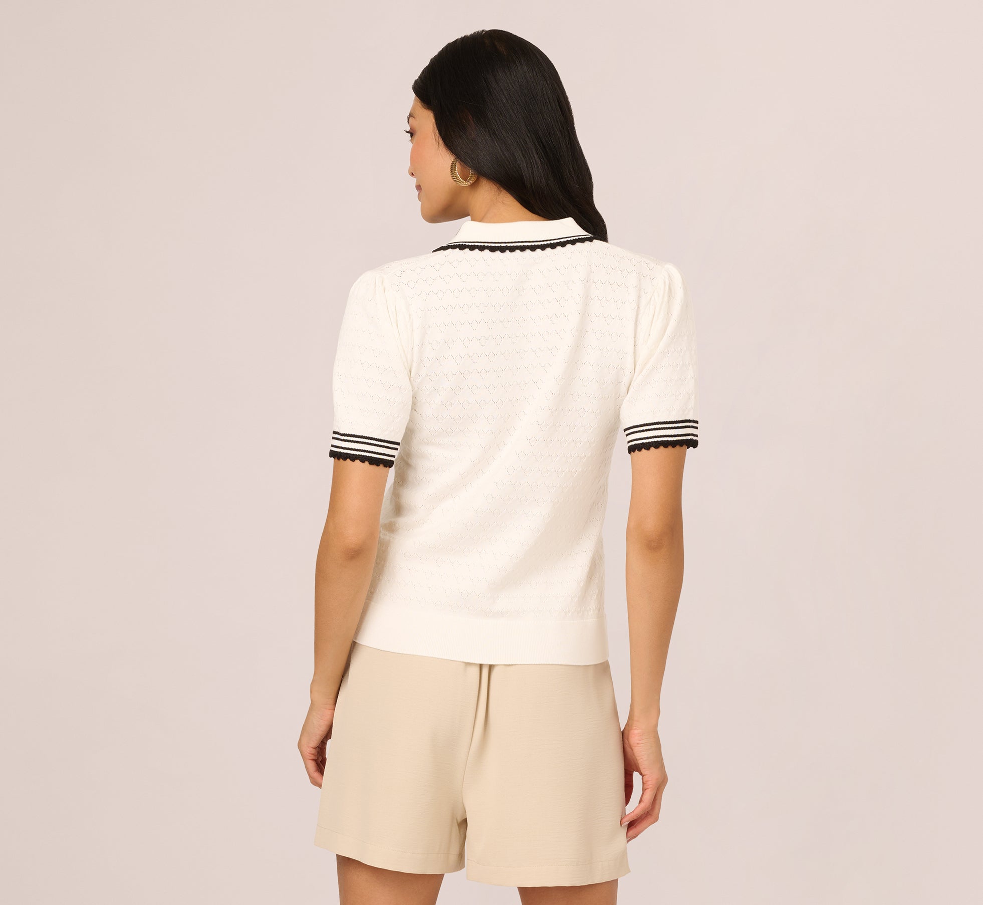 Short Sleeve Contrast Tipped Pointelle Polo Top In Ivory Black、mySite、solidvoid