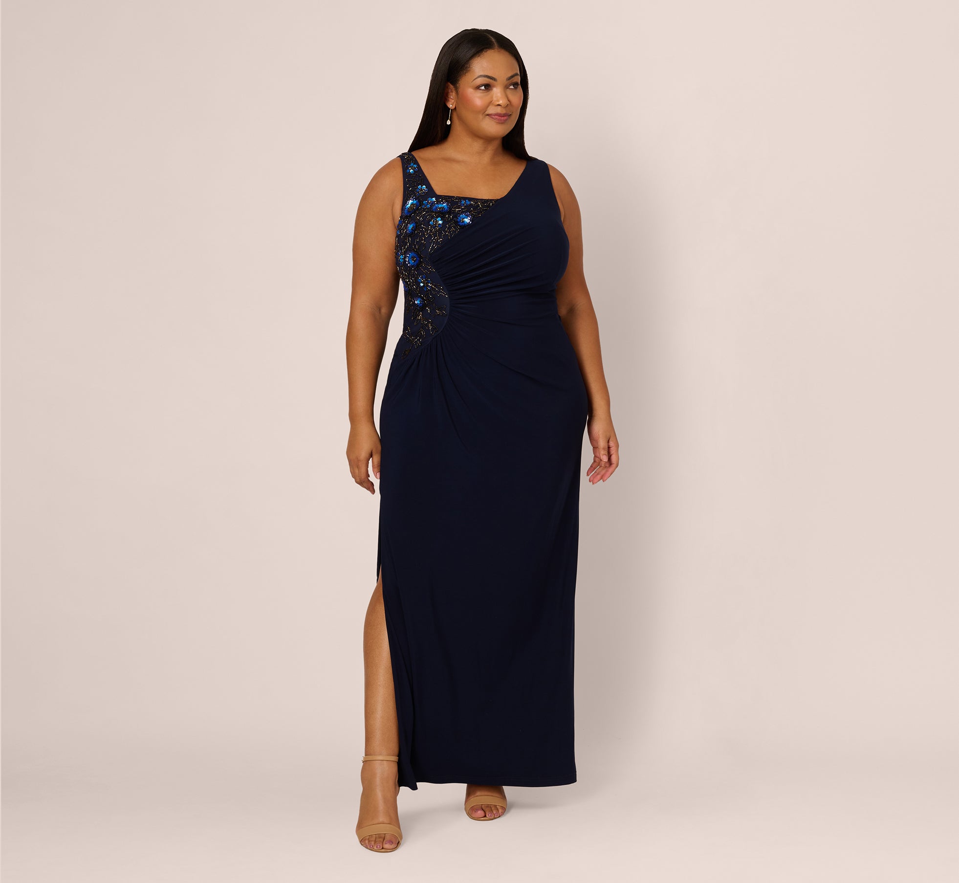 Plus Size Sleeveless Asymmetrical Floral Beaded Jersey Gown In Midnight Multi、mySite、solidvoid