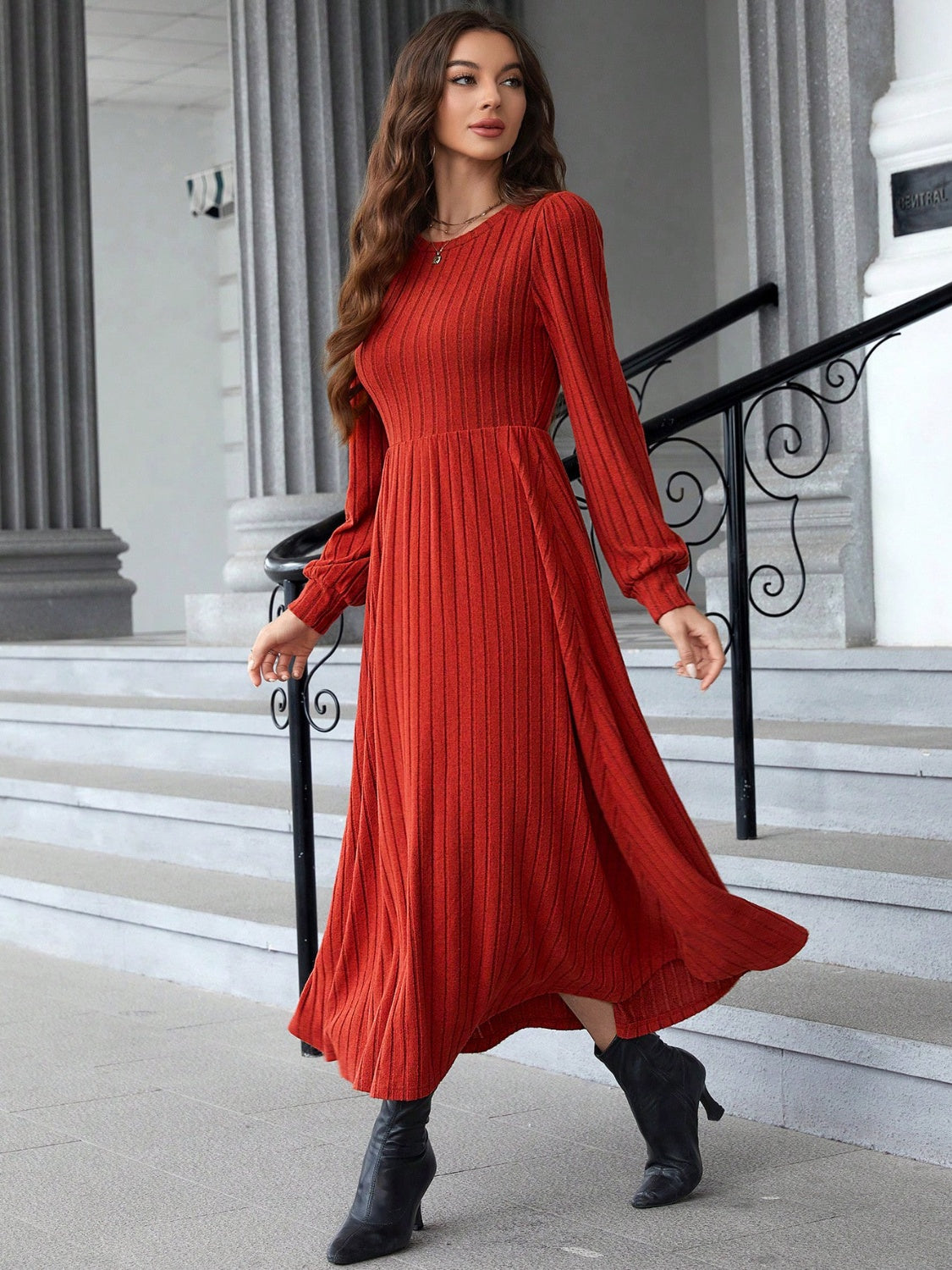  Ribbed Round Neck Long Sleeve Dress、mySite、justintrudeaud