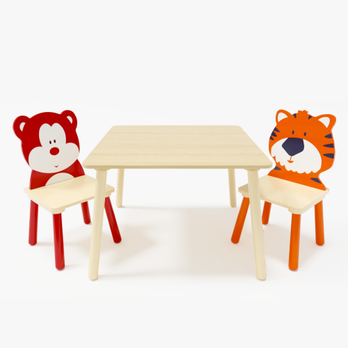 Kids Table and 2 Chairs Set, 3 Pieces Toddler Table and Chair Set, Wooden Activity Play Table Set (Lion&Monkey)、、casual