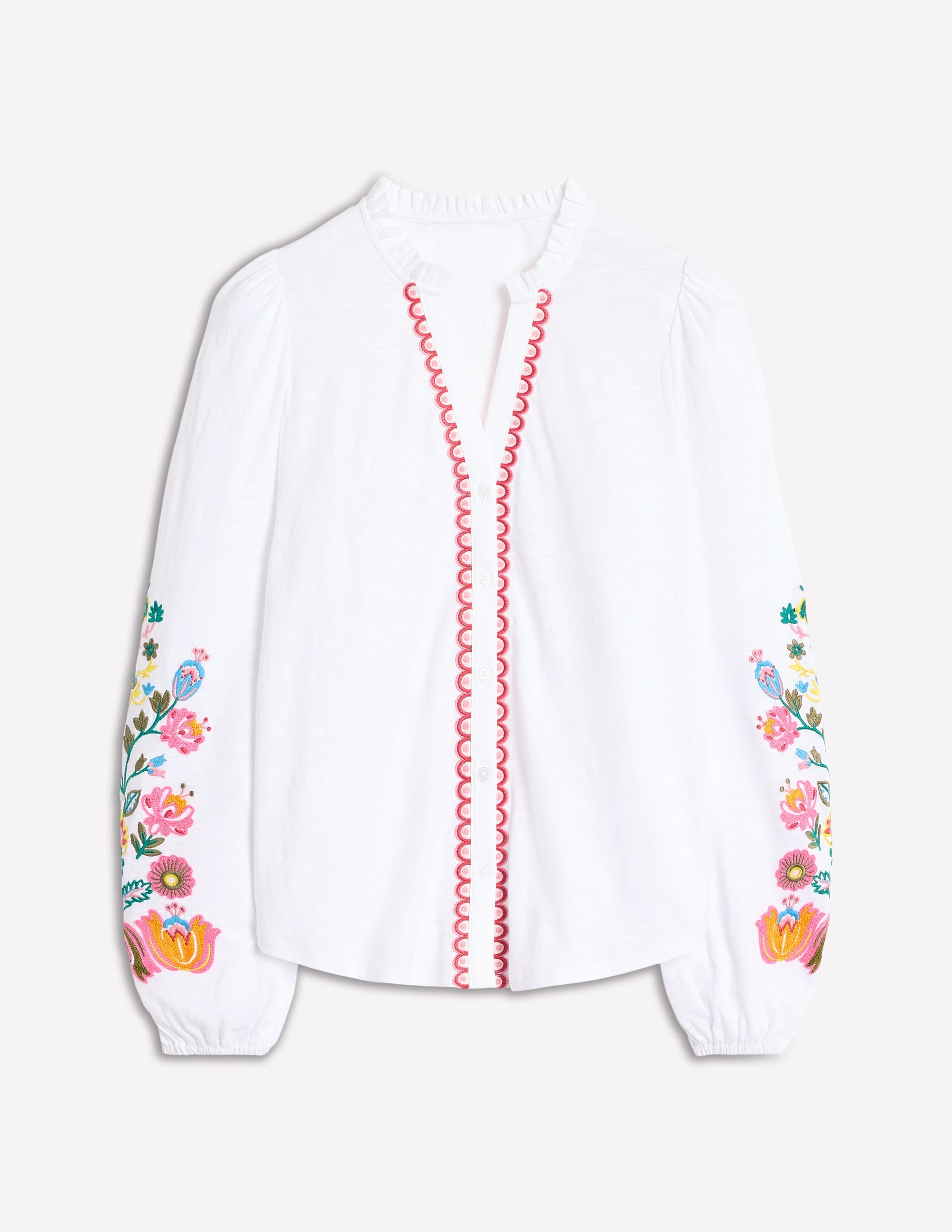  Embroidered Frill Neck Blouse-White, Multi Floral Embroidery、mySite、ashleygrahame