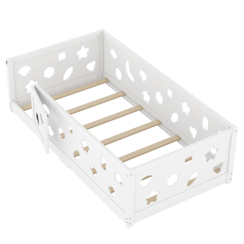 Twin Size Floor Bed with Heightened Safety Guardrails and Door, Solid Wood Bedframe with Rails for Girls, Boys, Teens, Child Bedroom, Kids Playroom, No Slats Included, White、、casual