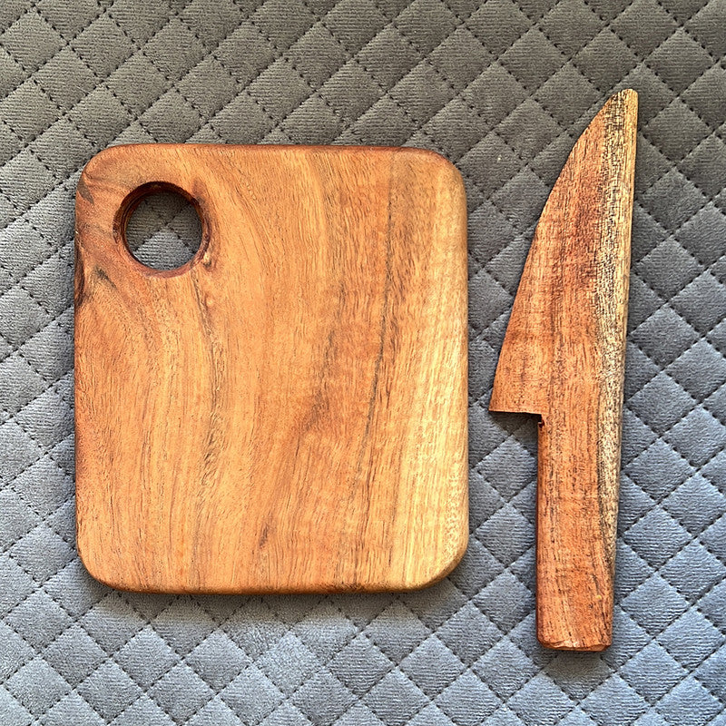 Kids Acacia Wood Cutting Board with Wooden Knife | Food Grade Finish | Brown、mySite、camillekostekn