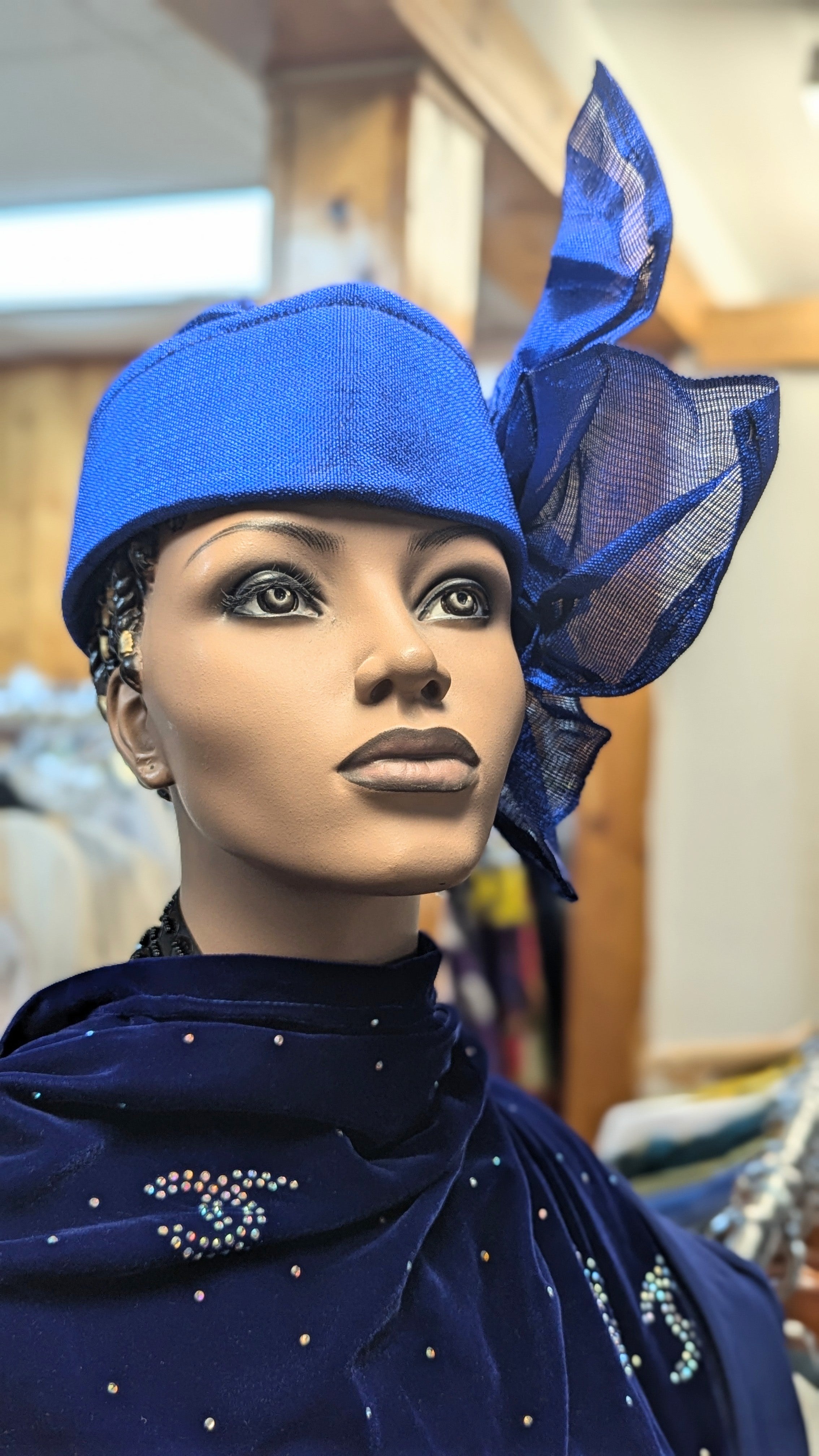 Dupsie's Exquisite Emotan Royal-Blue Aso Oke Autogele Ready Gele Aso Oke head wrap crown hat with Large Bow DPAGRBWLB2、mySite、solidvoid