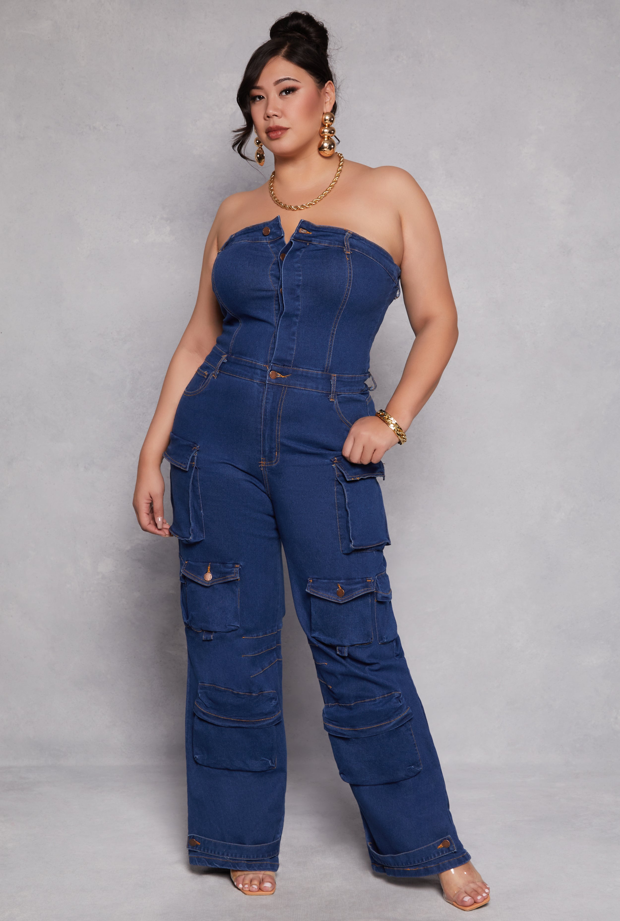 Plus Size Daisy Denim Strapless Utility Jumpsuit、mySite、camillekostekn