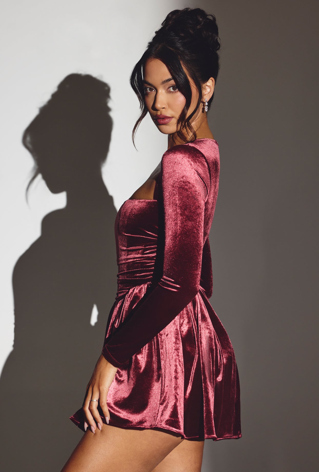 Velvet Long Sleeve Corset Mini Dress in Wine、mySite、solidvoid
