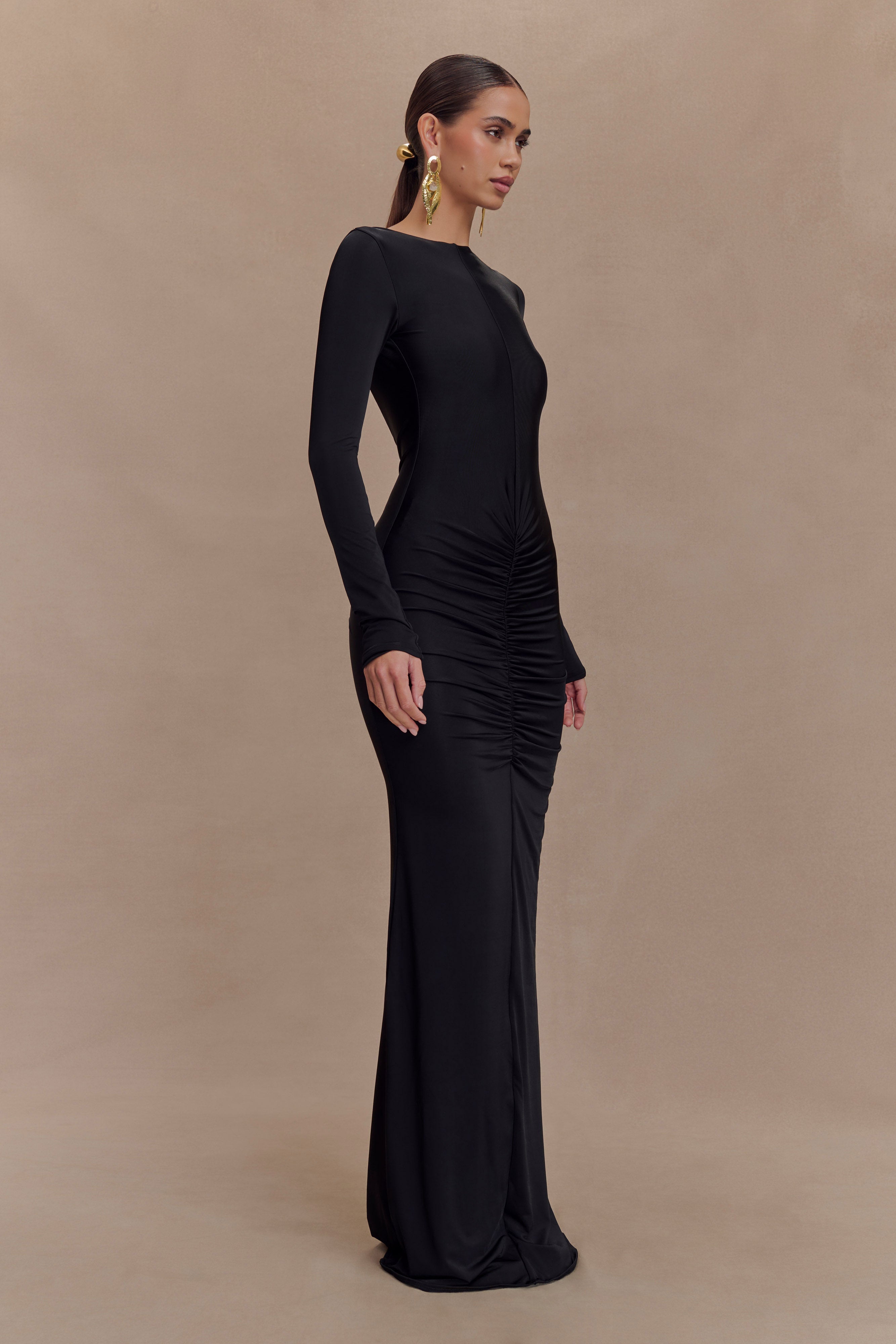 Louisa Long Sleeve Slinky Maxi Dress - Black、mySite、solidvoid