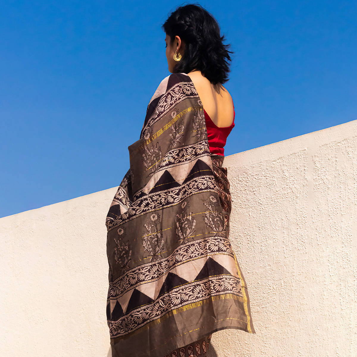 Festive Wear | Chanderi Handblock Printed Bagru Saree | Grey、mySite、camillekostekn