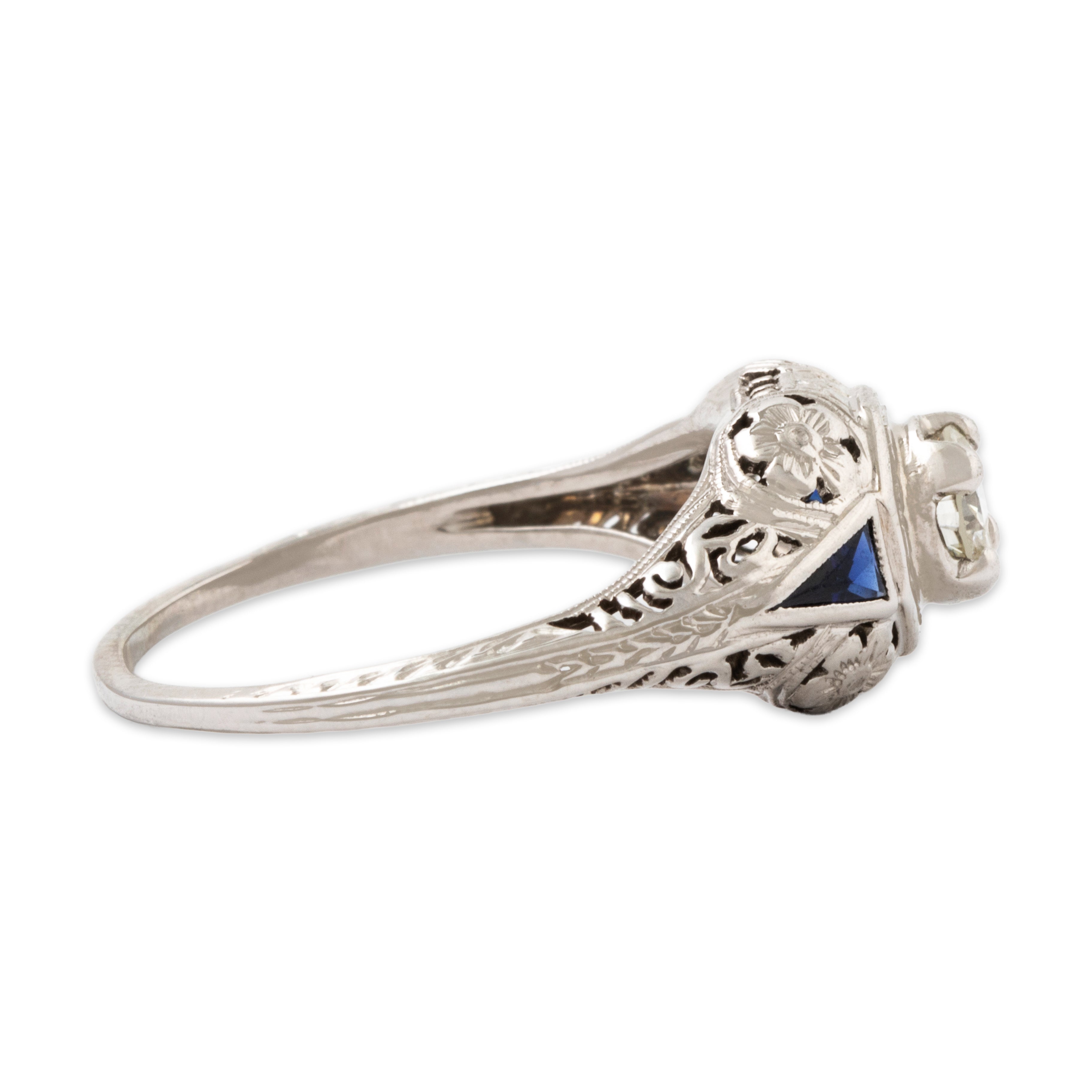 Antique Belais 18k White Gold Natural Diamond Blue Synthetic Sapphire Ring、mySite、hinf8tx79