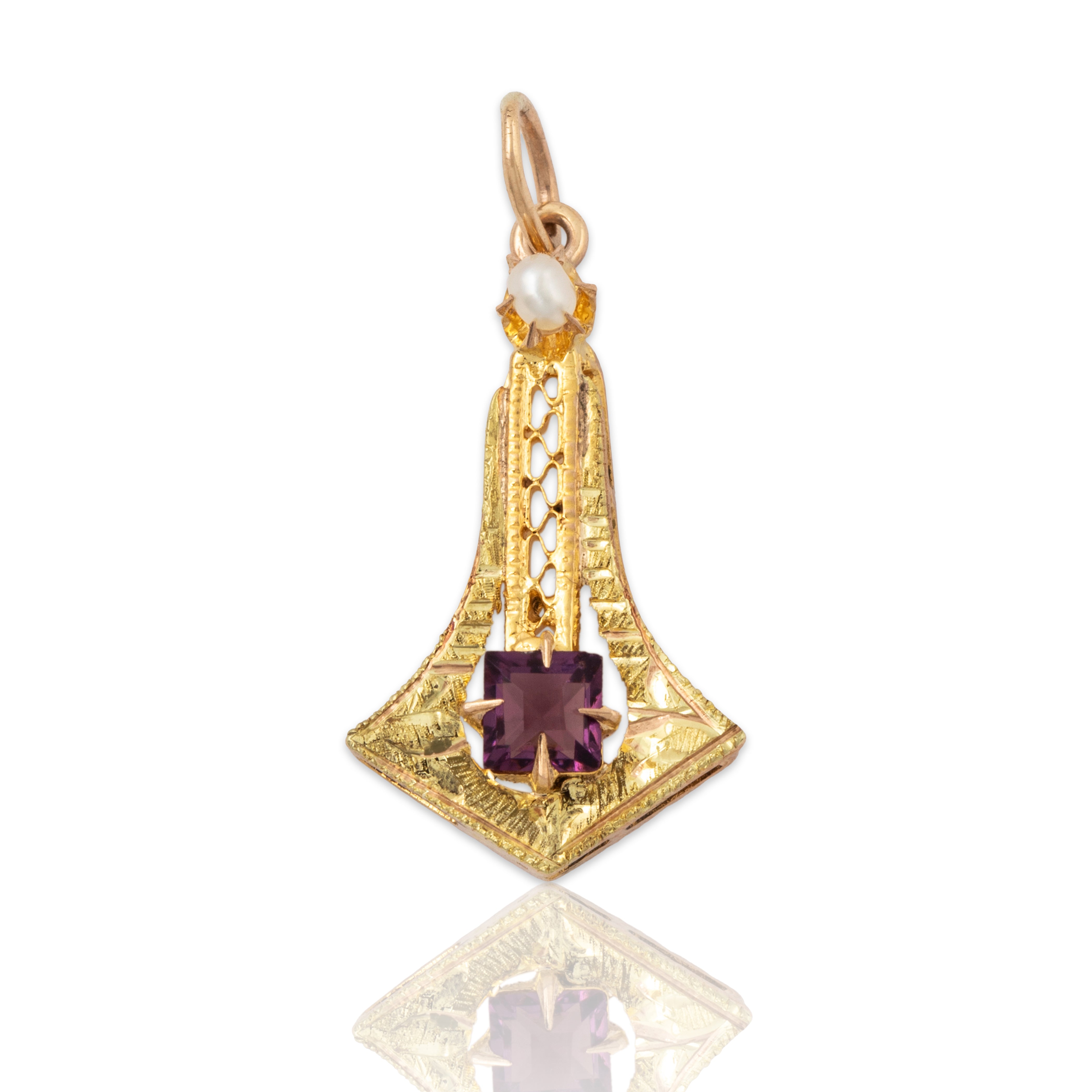 Antique Art Deco 14k Yellow Gold Amethyst Ornate Openwork Charm / Pendant、mySite、hinf8tx79