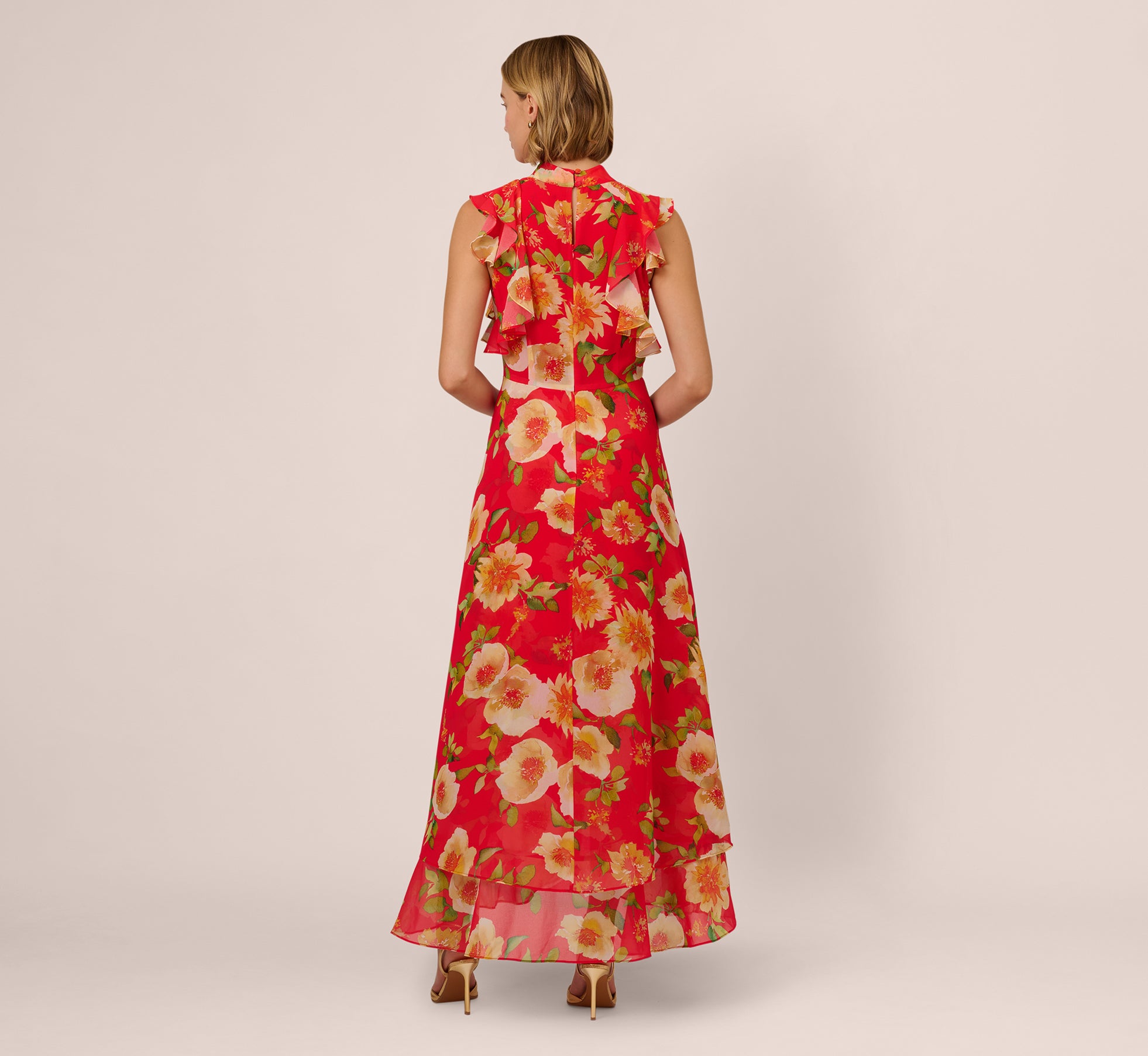 Printed Chiffon Mock Neck Ankle Dress In Coral Multi、mySite、solidvoid