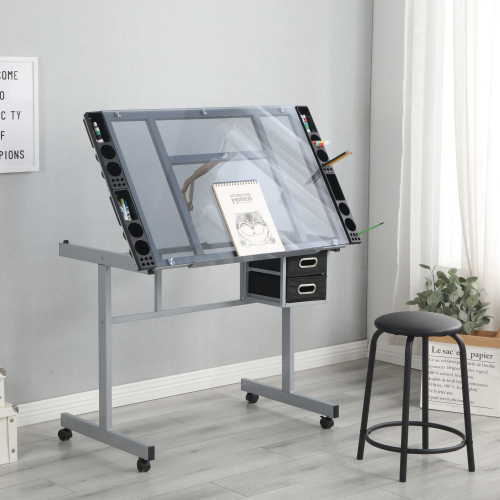 Adjustable Art Drawing Desk Craft Station Drafting with 2 Non-woven fabric Slide Drawers and 4 Wheels、、casual