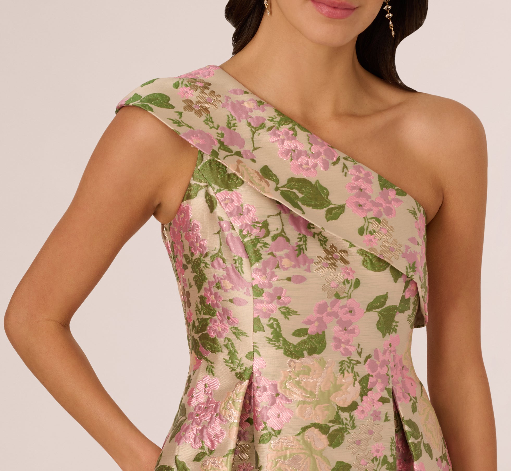 One Shoulder Metallic Floral Jacquard High Low Gown In Pink Green Multi、mySite、solidvoid
