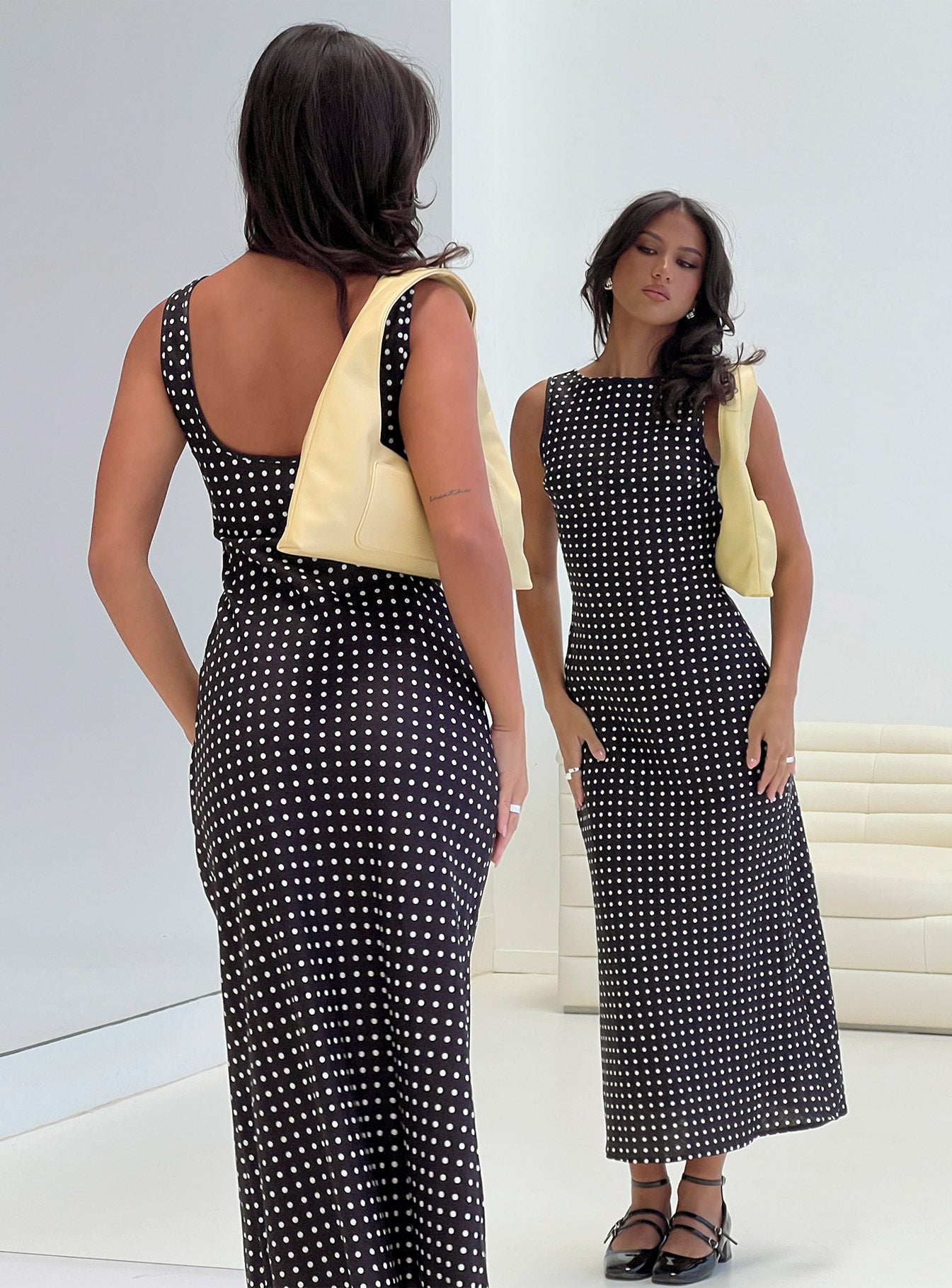 Voyager Linen Blend Midi Dress Black Polka、mySite、solidvoid