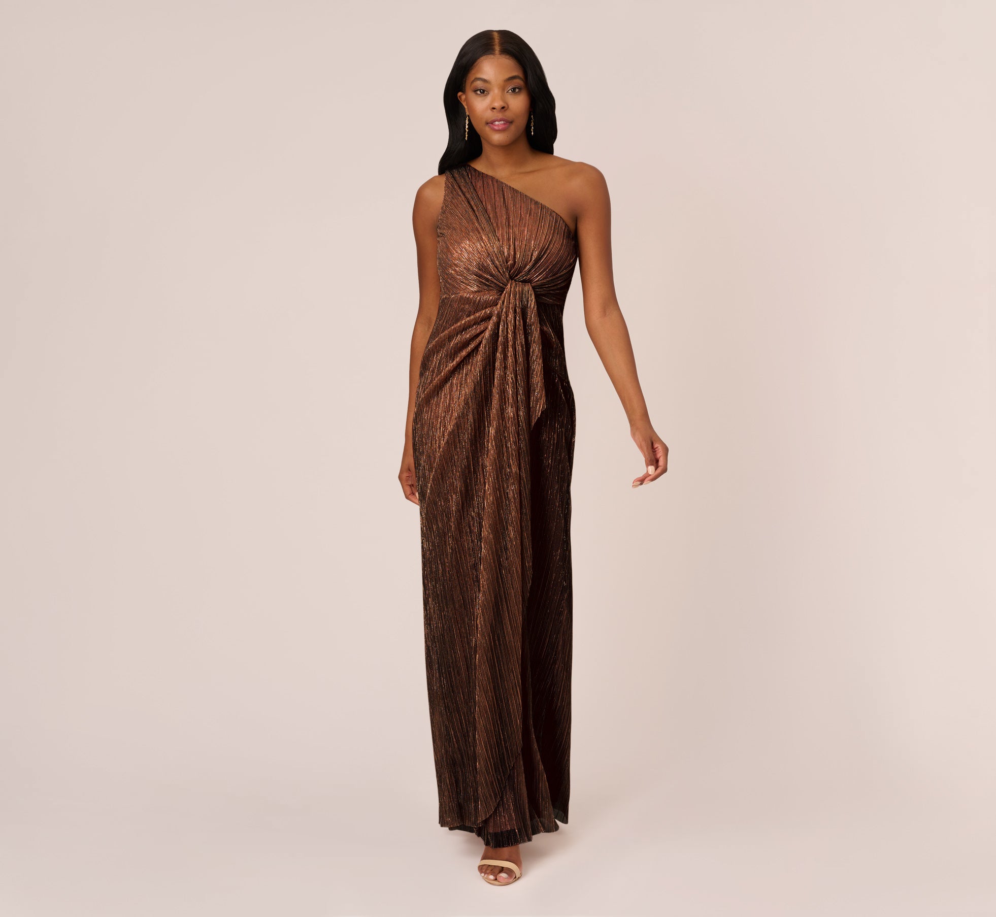 Stardust Pleated Draped One Shoulder Gown In Copper、mySite、solidvoid