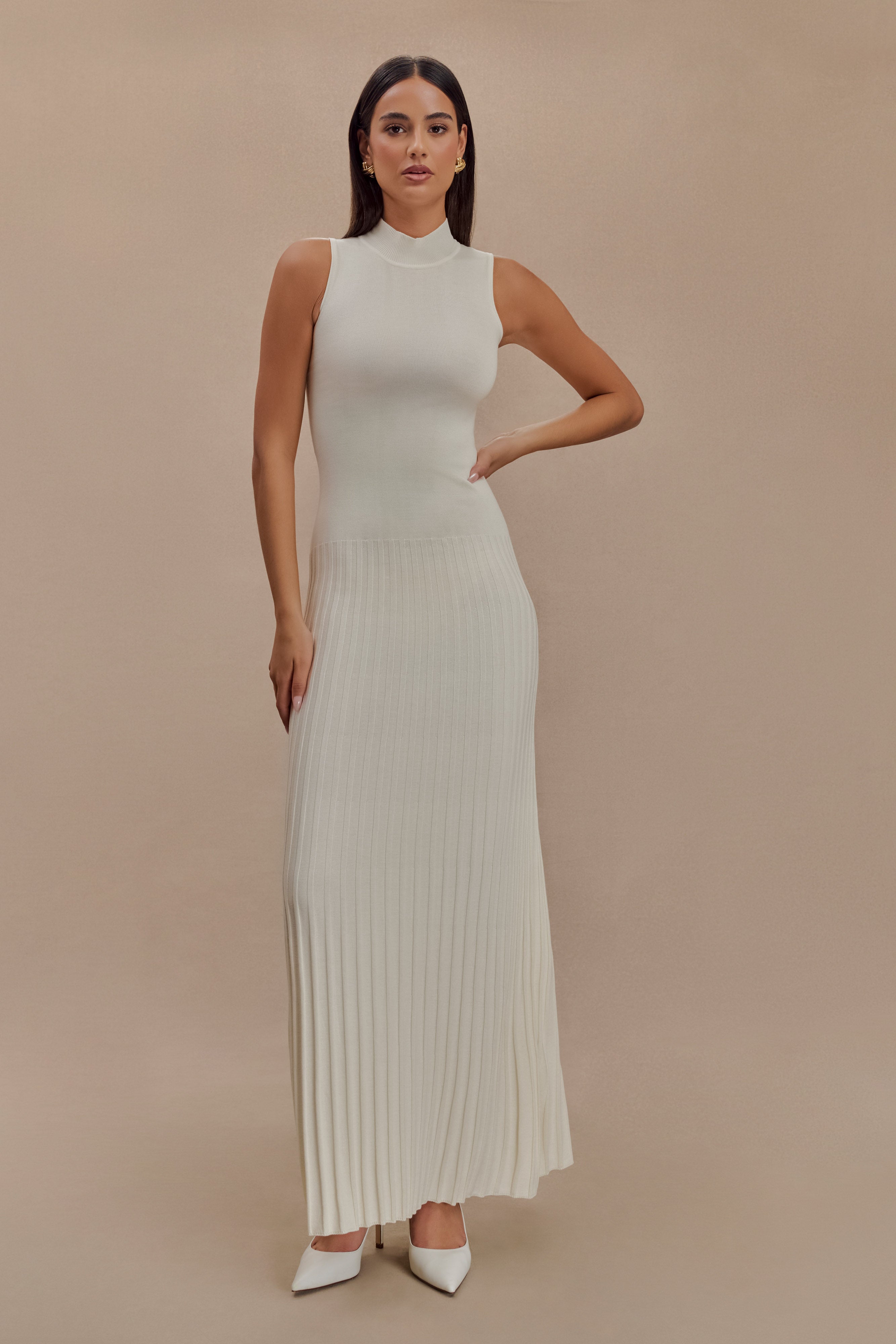 Mavis High Neck Pleated Maxi Dress - Ivory、mySite、solidvoid
