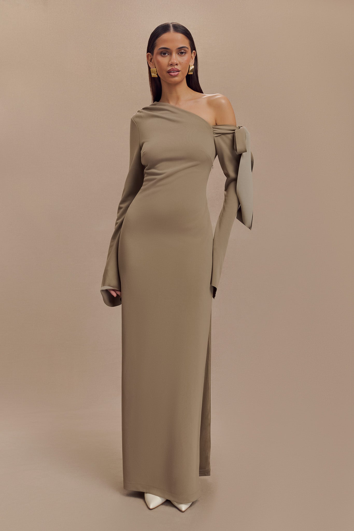 Nicola One Shoulder Crepe Maxi Dress - Mushroom、mySite、solidvoid