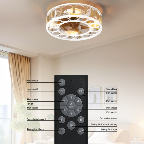 Caged Ceiling Fan with Lights Remote Control,Semi -embedded Modern Ceiling fans, 6 Speeds Reversible Blades, 4 LED Bulbs Include(White)、、eastwooduniform