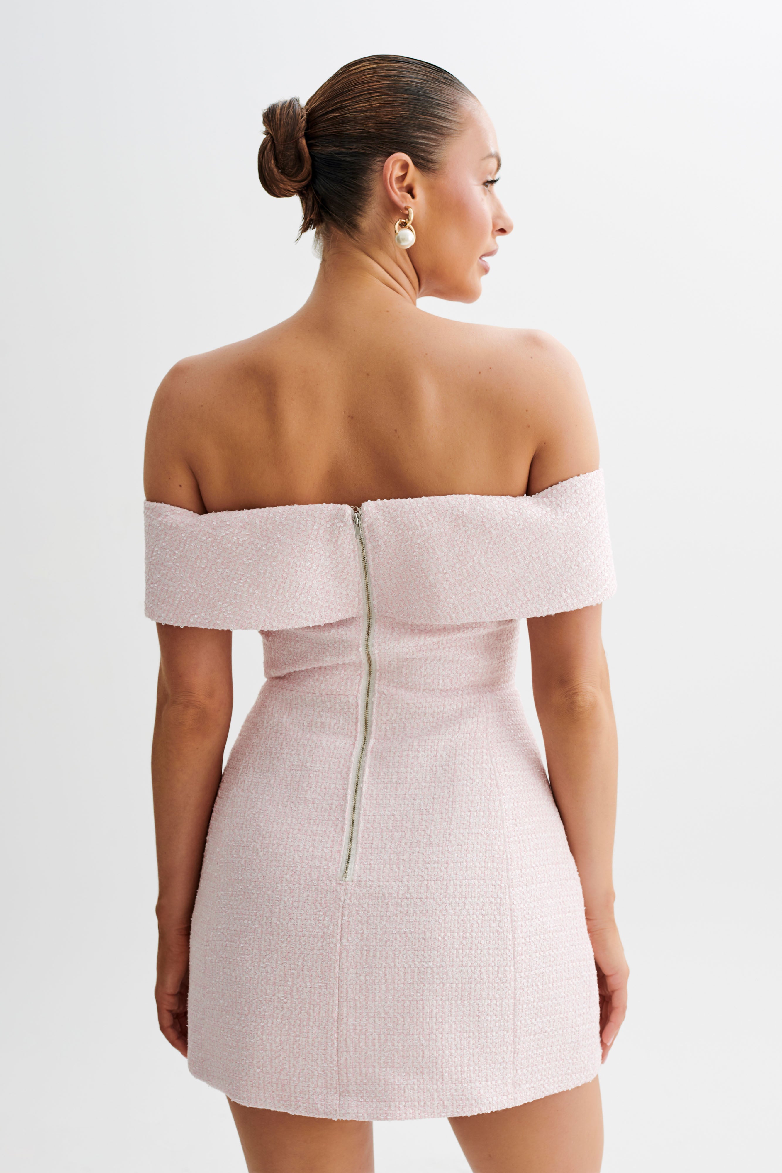 Helena Tweed Off Shoulder Mini Dress - Pink、mySite、solidvoid