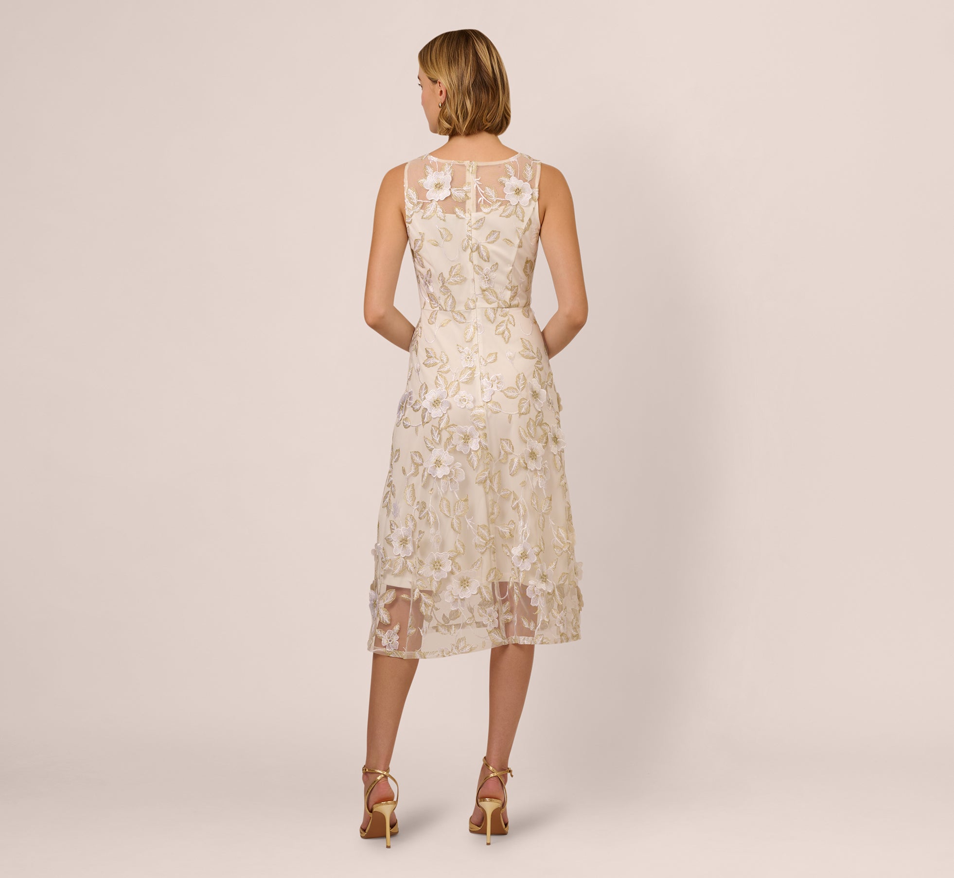 Floral Embroidery Illusion Midi Dress In Ivory Gold、mySite、solidvoid