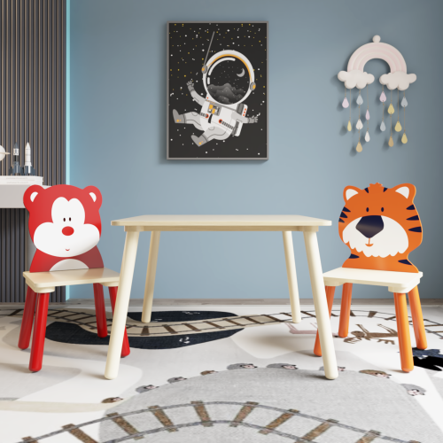 Kids Table and 2 Chairs Set, 3 Pieces Toddler Table and Chair Set, Wooden Activity Play Table Set (Lion&Monkey)、、casual