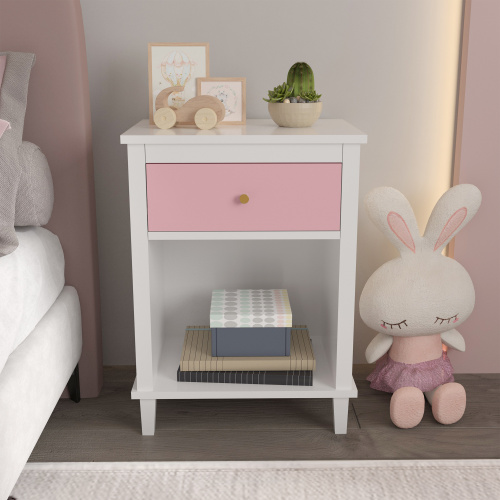 26.77''H Wooden Nightstand with One Drawer One Shelf for Kids, Adults, White+Golden handle、、casual