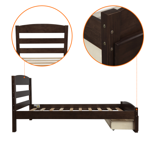 Platform Twin Bed Frame with Storage Drawer and Wood Slat Support No Box Spring Needed, White、、casual