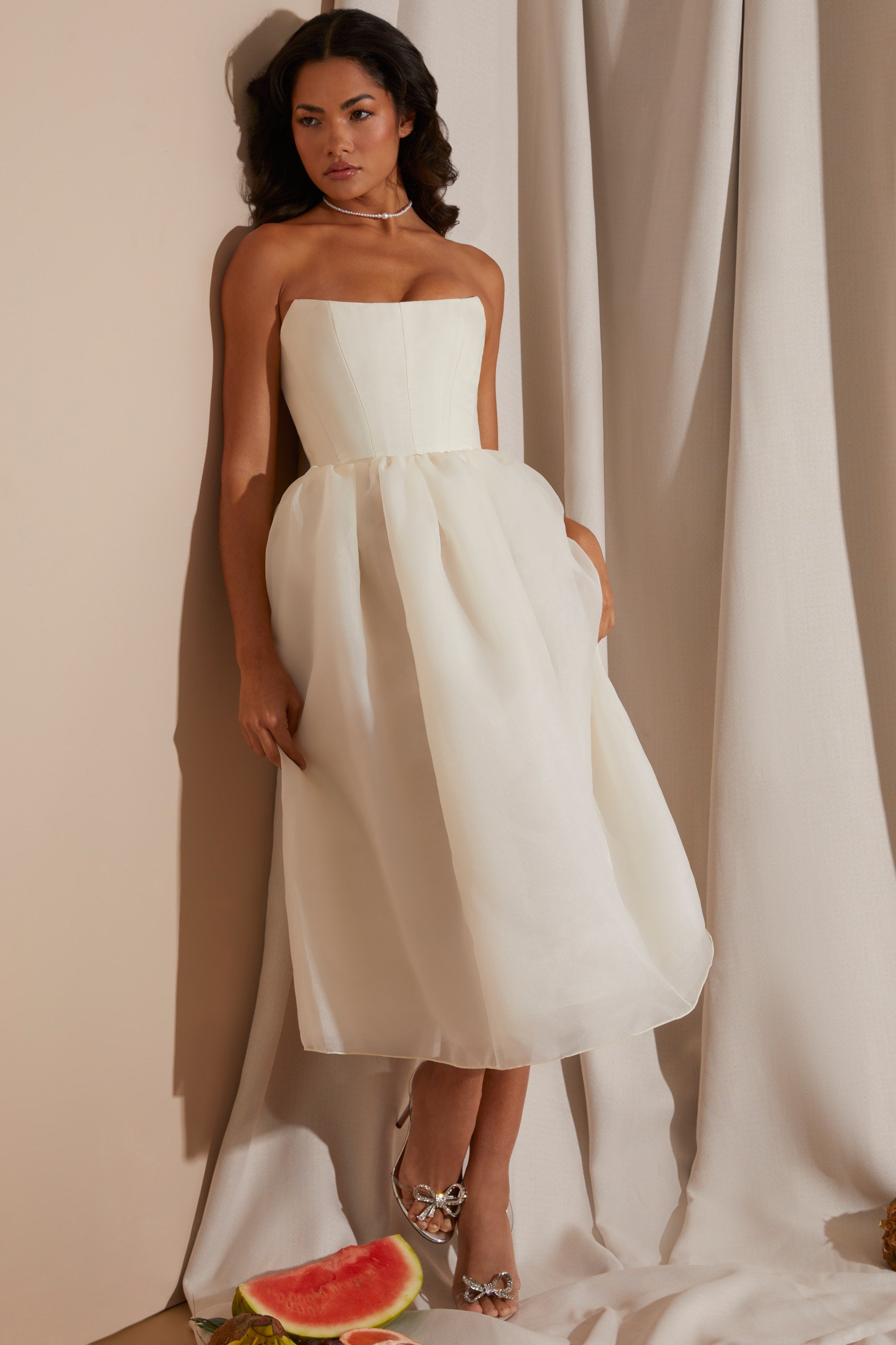  Strapless Corset Tulle Midi Dress in White、mySite、sugarbowlscore