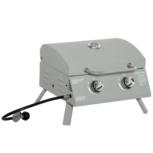 Outsunny 2 Burner Propane Gas Grill Outdoor Portable Tabletop BBQ with Foldable Legs, Lid, Thermometer for Camping, Picnic, Backyard, Light Grey、、eastwooduniform