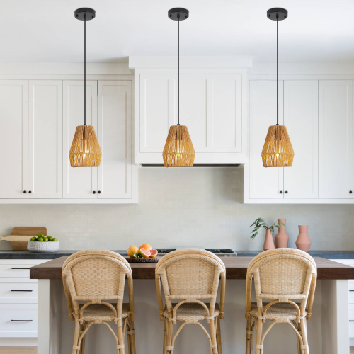 17" Boho Hemp Rope Pendant Light, Handcrafted Farmhouse Hanging Light Fixture for Kitchen Island, Dining Room, or Bedroom, Natural Finish, Adjustable Height (Bulb Not Included)、、eastwooduniform