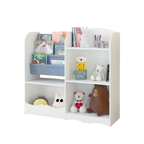 Kids Bookcase and Bookshelf, Multifunctional Bookcase with 3 Collapsible Fabric Drawers, Bookcase Display Stand, Toy Storage Organizer for Bedroom, Playroom, Hallway (White/Gray)、、casual