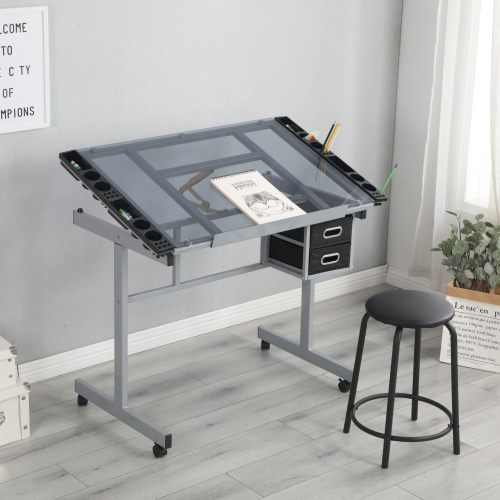 Adjustable Art Drawing Desk Craft Station Drafting with 2 Non-woven fabric Slide Drawers and 4 Wheels、、casual