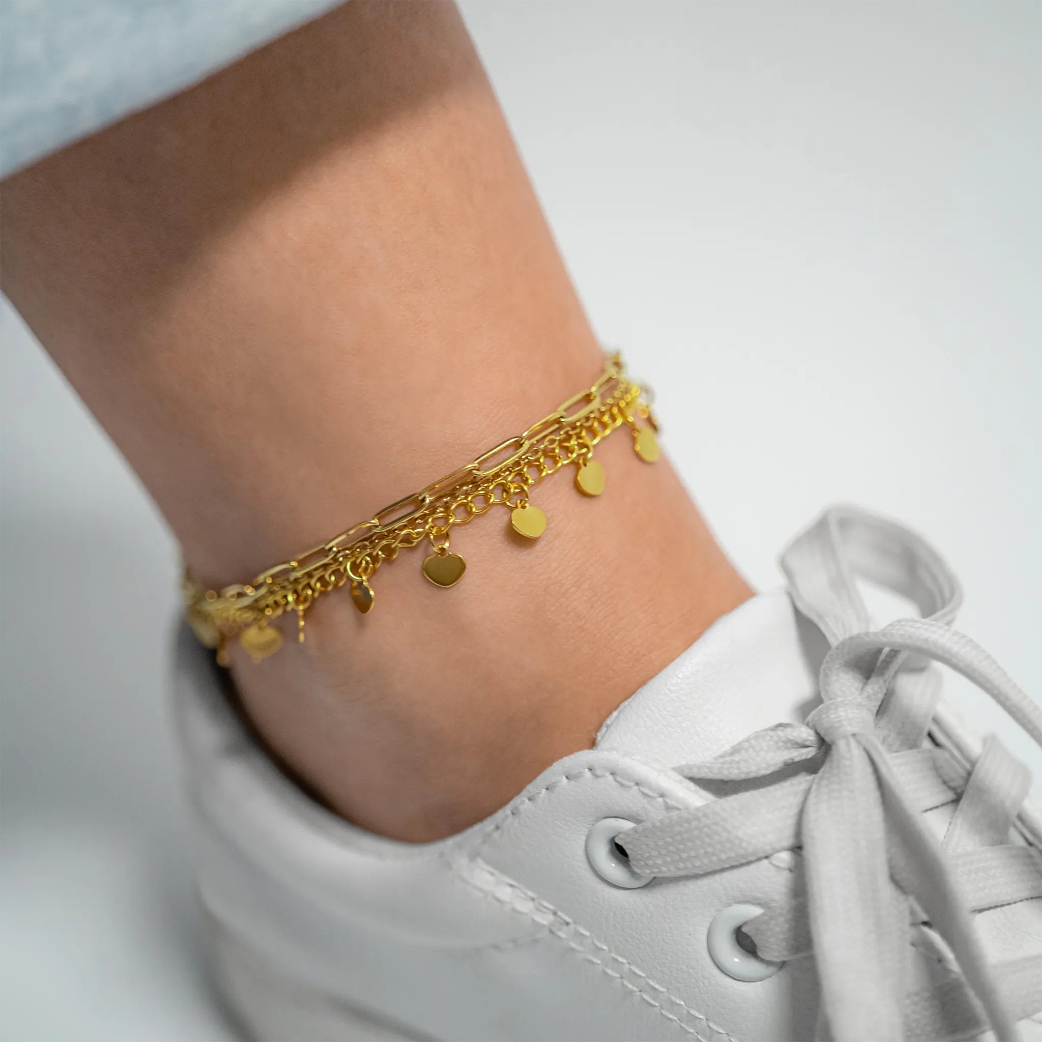 18K Gold PVD Stainless Steel Dangle Hearts Anklet / BRJ1026、mySite、dreamappss