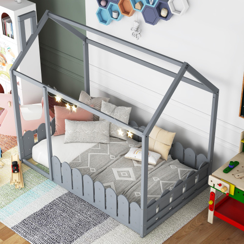 {Slats are not included}Twin Size Wood Bed House Bed Frame with Fence,for Kids,Teens, Girls,Boys {White}{OLD SKU:WF194274AAK}、、casual