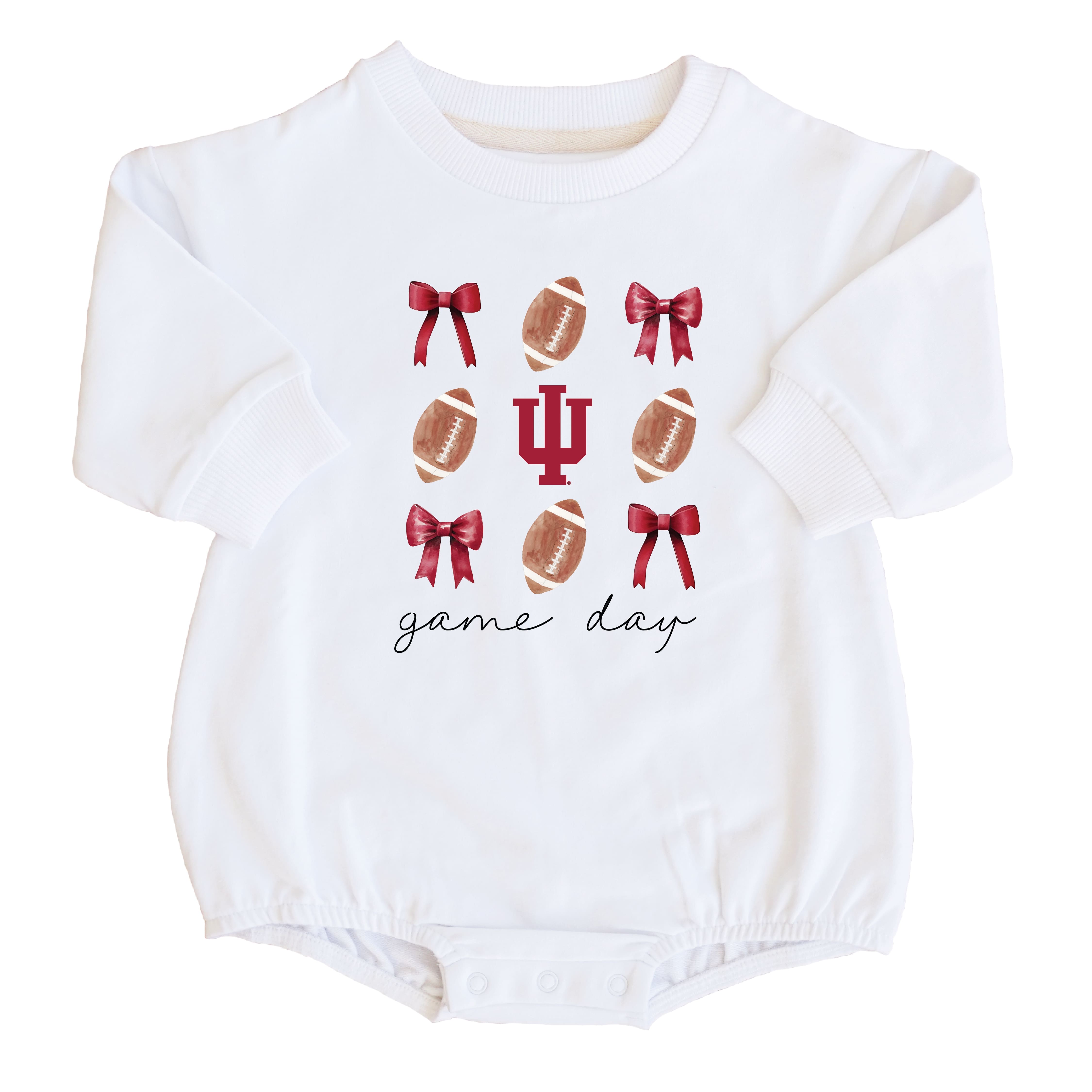  Indiana University | Footballs & Bows Graphic Sweatshirt Bubble Romper、mySite、layawaytickets