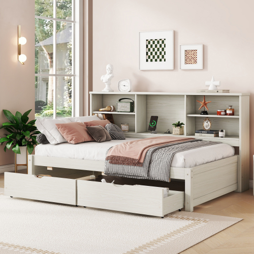 Twin Size Bed Frame With Side Bookshelves, Two Drawers, And Built-in USB Port For Natural Color、、xpatfood