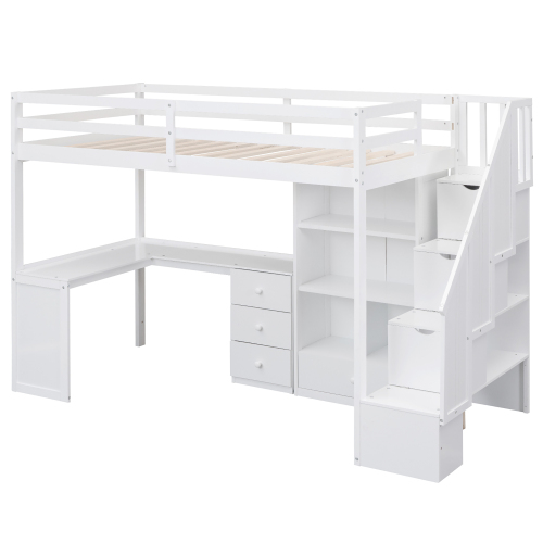Twin Size Loft Bed with L-Shaped Desk and Drawers, Cabinet and Storage Staircase, White、、casual