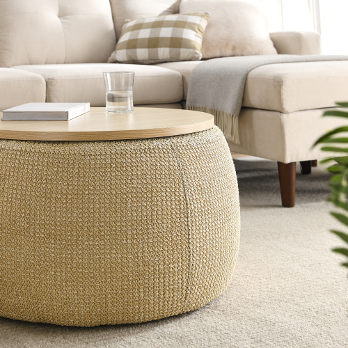 Round Storage Ottoman, 2 in 1 Function, Work as End table and Ottoman, Navy (25.5"x25.5"x14.5")、、casual
