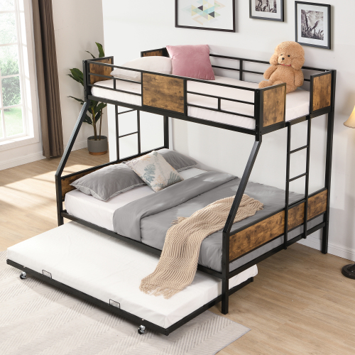 Twin Over FULL Metal Bunk Bed with 2 - Side Ladder and Full-Length Guardrail, No Box Spring Needed, Large Under Bed Storage, Easy Assemble , Black & Brown、、casual