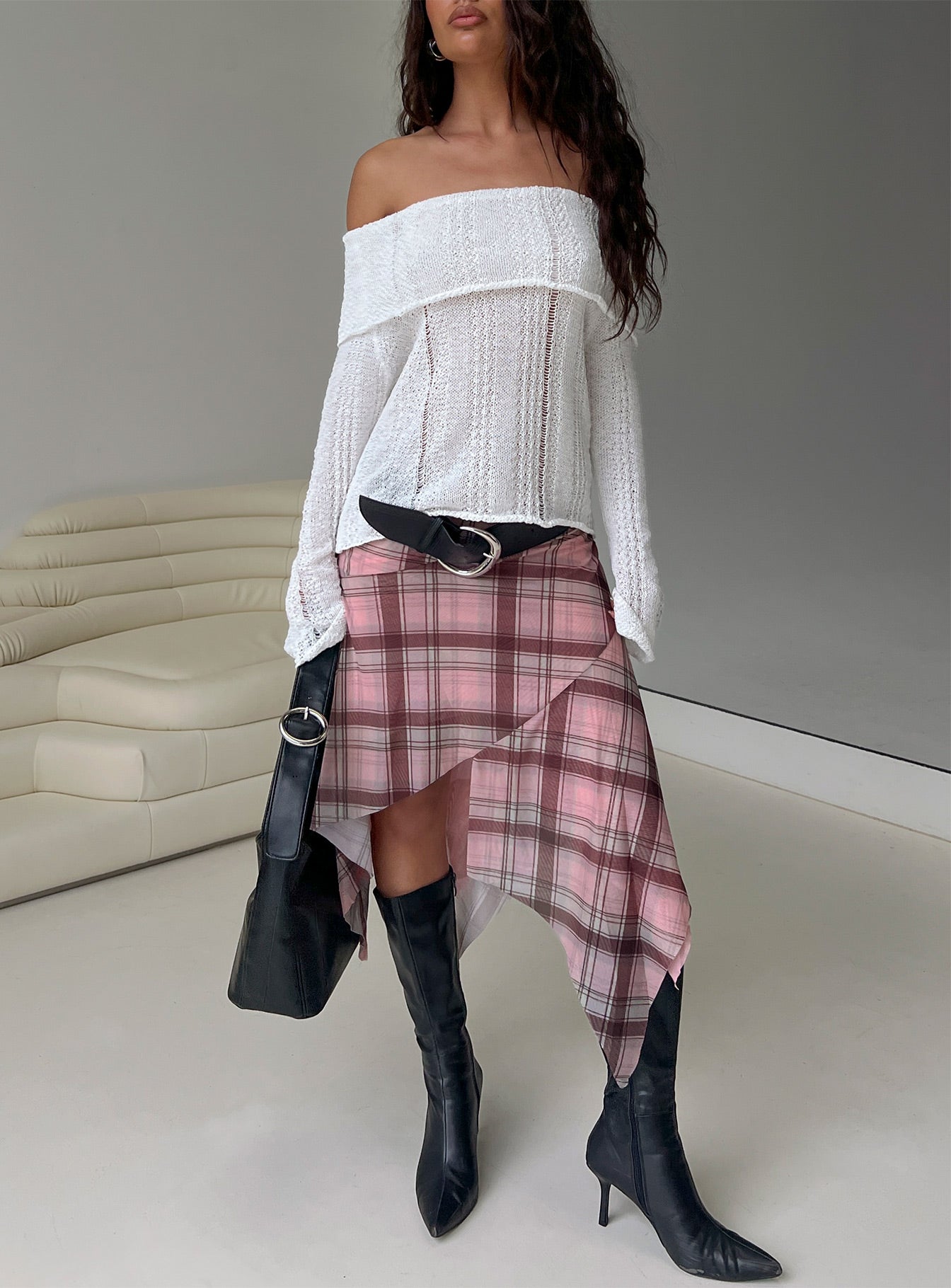 Anali Asymmetrical Midi Skirt Pink / Multi Check、mySite、solidvoid