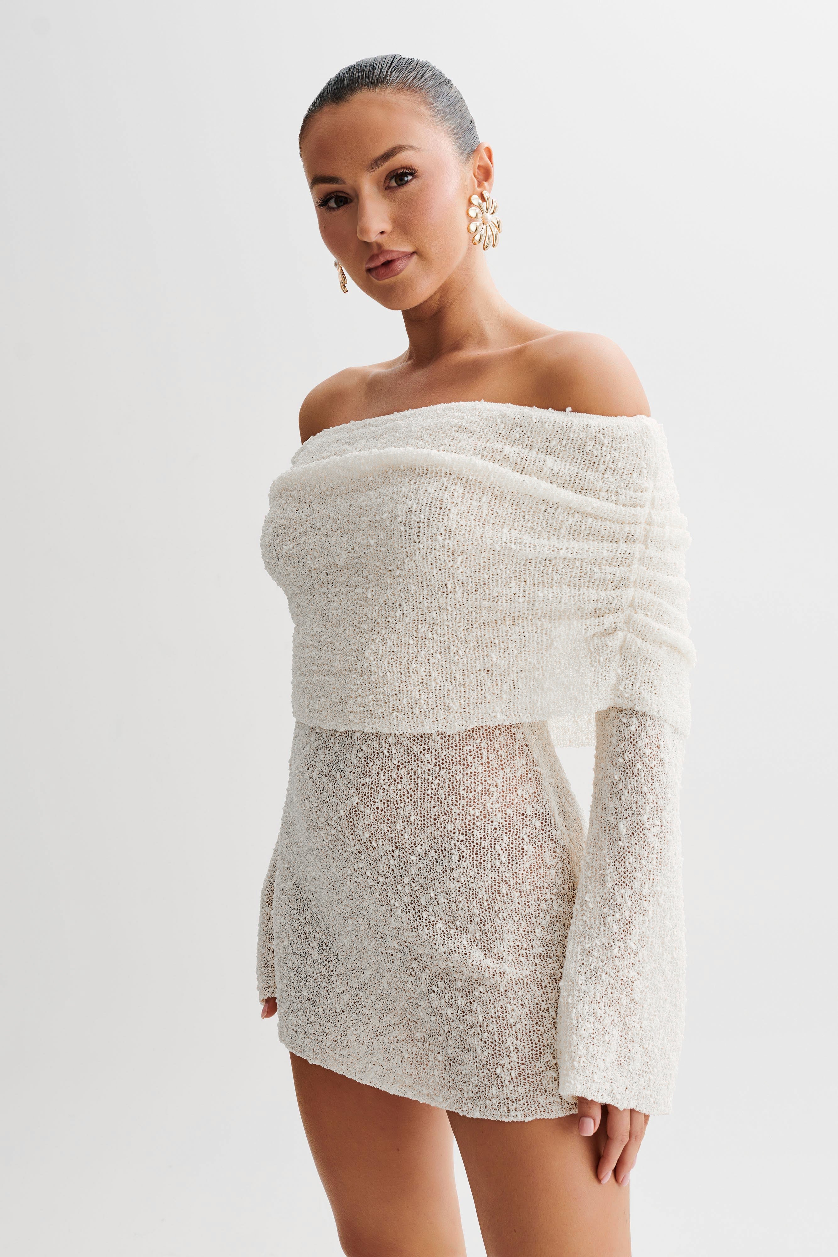 Marisol Off Shoulder Boucle Mini Dress - Ivory、mySite、solidvoid