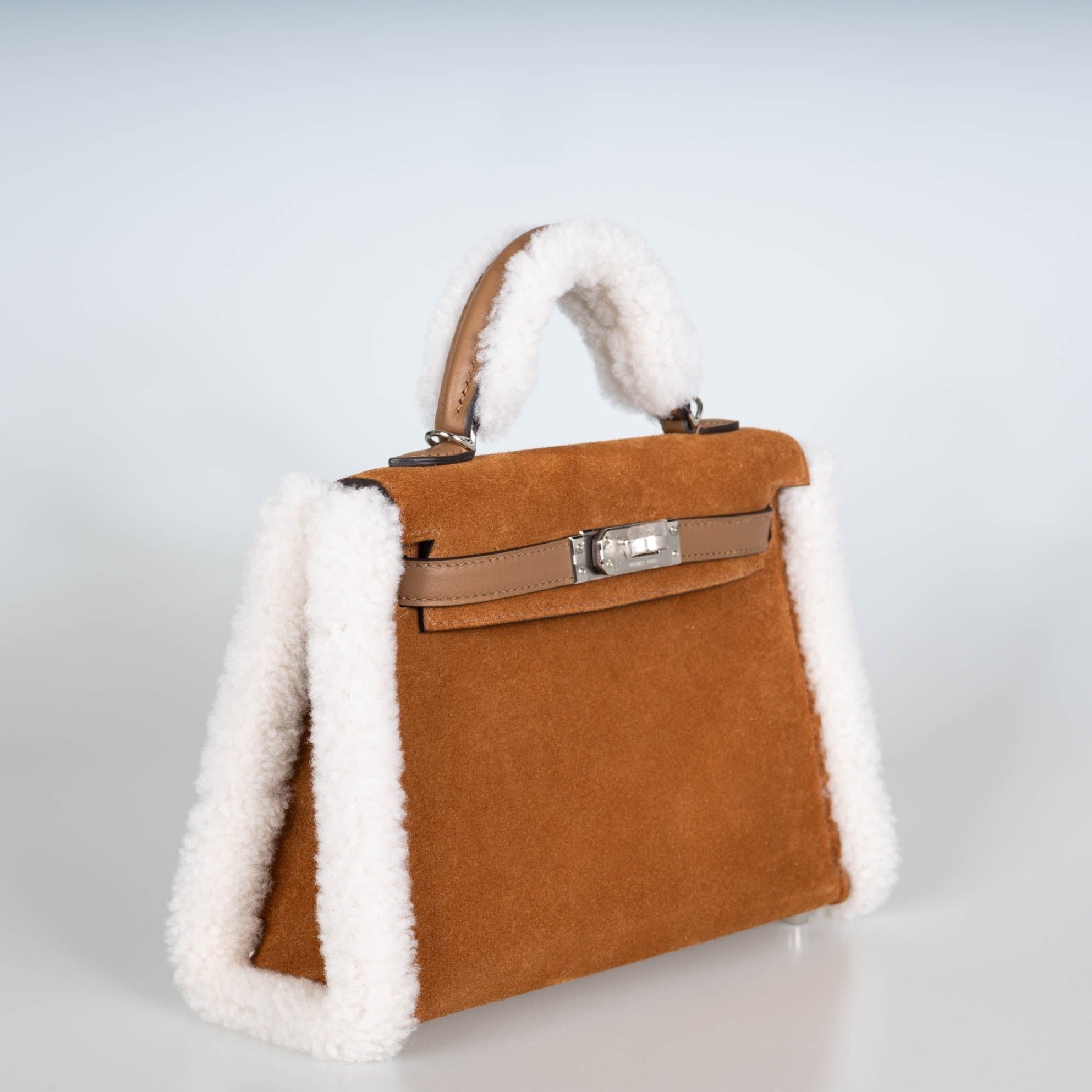 Hermès Teddy Mini Kelly 20 Chamois Grizzly, Alezan Swift and Ecru Mouton Shearling Palladium、mySite、garminoutage.com