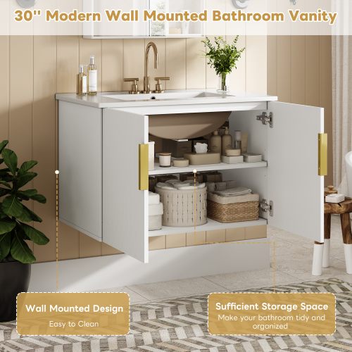 30" Vintage Bathroom Vanity with Ceramic Sink, with 3 Holes Single Ceramic Sink, Bathroom Storage Vanity Cabinet with 2 Soft Closing Doors、、xpatfood